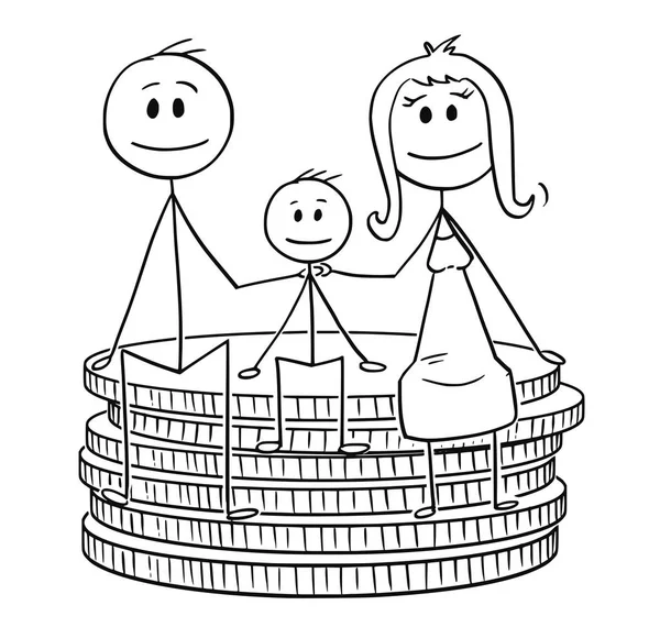 Desenhos animados de família feliz sentados em pequena pilha de moedas — Vetor de Stock