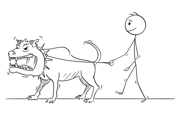 Cartoon of Man Walking With Beast Monster Dangerous Big Dog — Stock Vector