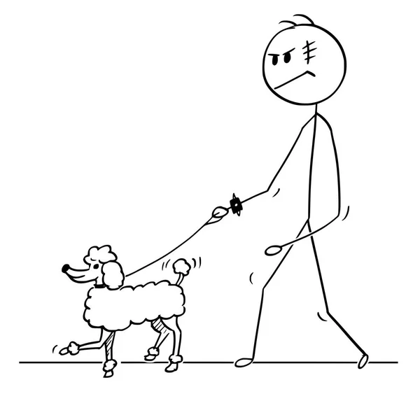 Desenhos animados de homem duro andando com cão de caniche em uma trela — Vetor de Stock