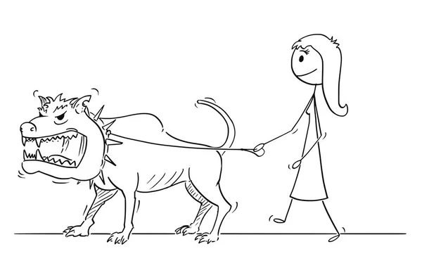 Karikatur einer Frau, die mit einem Monster an der Leine geht, einem gefährlichen großen Hund — Stockvektor
