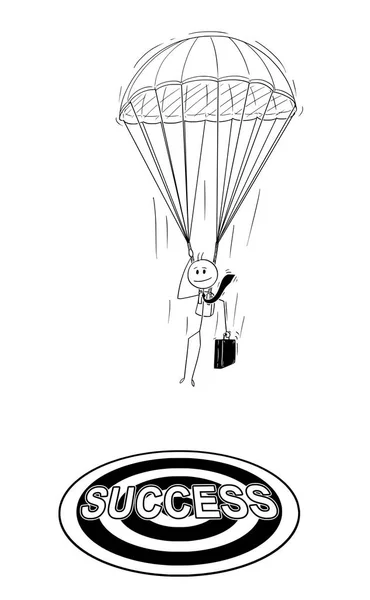 Desenhos animados de Skydiver Empresário com desembarque de pára-quedas no alvo de sucesso — Vetor de Stock