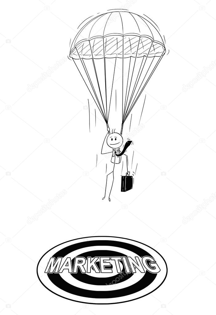 Cartoon of Skydiver Businessman With Parachute Landing at Marketing Target