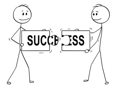 Holding ve başarı metinle yapboz parçalarını eşleşen bağlama iki işadamlarından çizgi film