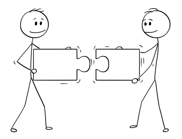 Karikatur zweier Geschäftsleute, die zusammenpassende Puzzleteile halten und verbinden — Stockvektor