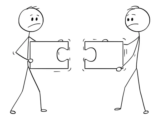 들고 고 Unmatching 조각의 직소 퍼즐을 연결 하려고 두 사업가의 만화 — 스톡 벡터