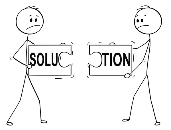 Caricature de deux hommes d'affaires tenant et essayant de relier des pièces inégalées de puzzle avec du texte de solution — Image vectorielle