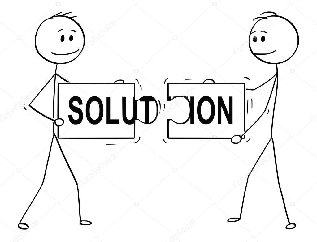 Cartoon of Two Businessmen Holding and Connecting Matching Pieces of Jigsaw Puzzle With Solution Text