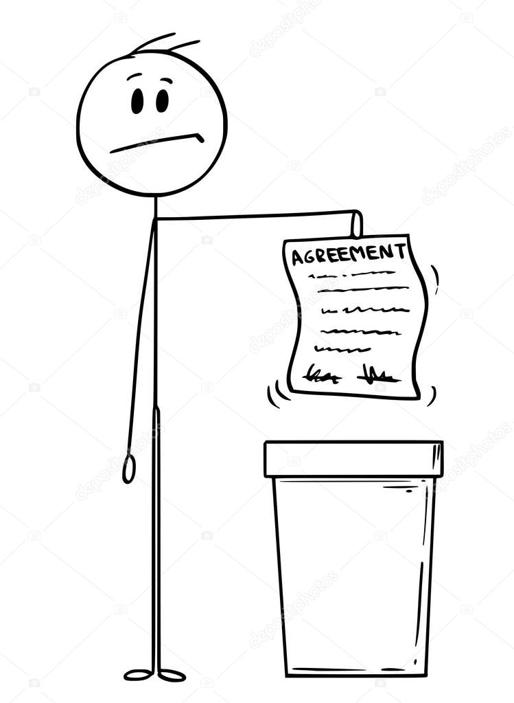 Cartoon of Man or Businessman Throwing an Agreement in Waste Bin