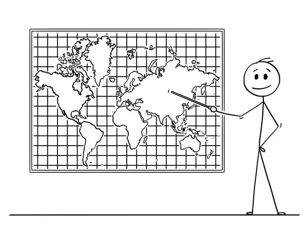Desenhos animados do homem Apontando para o continente asiático no mapa do mundo da parede —  Vetores de Stock
