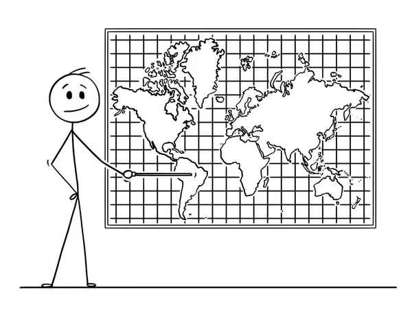 Cartoon of Man Apuntando a América del Sur Continente en la Pared Mapa del Mundo — Vector de stock