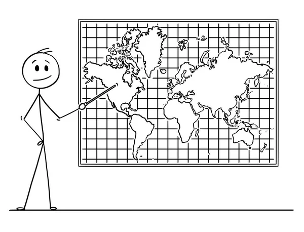 Cartoon of Man Apontando para a América do Norte Continente no Mapa Mundial da Parede —  Vetores de Stock