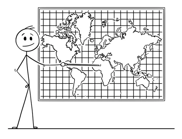 Caricatura del hombre señalando el continente africano en el mapa del mundo de la pared — Vector de stock