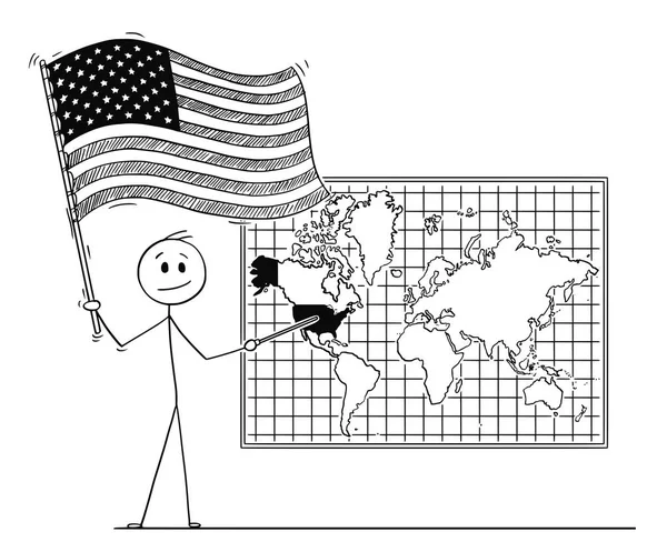 Caricature de l'homme tenant le drapeau américain et pointant du doigt les États-Unis d'Amérique sur une carte du monde murale — Image vectorielle