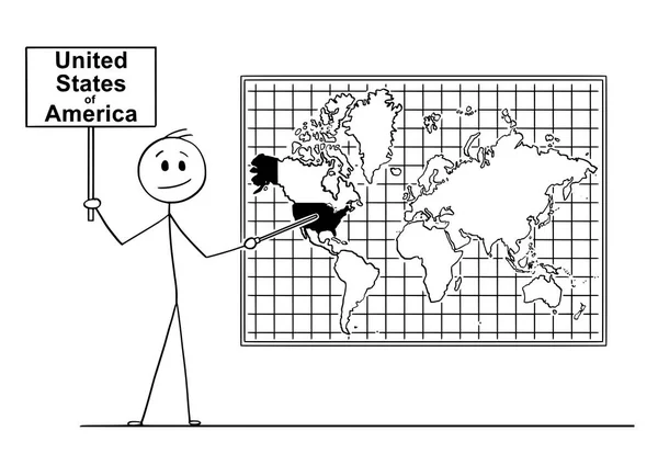 Cartoon of Man Segurando Sinal e Apontando para os Estados Unidos da América no Mapa Mundial da Parede —  Vetores de Stock