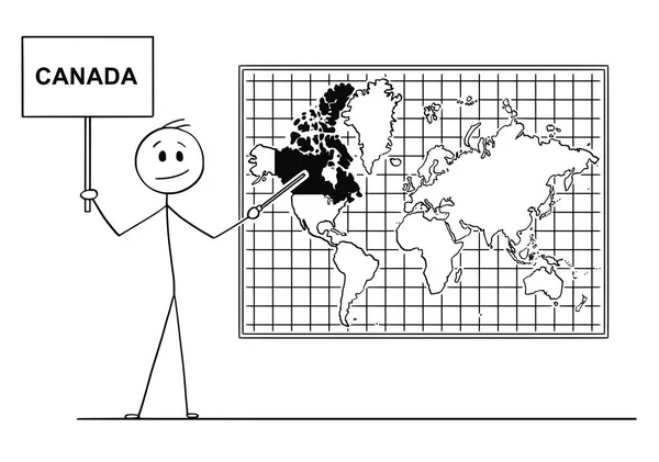 Caricature de l'homme tenant pancarte et pointant du doigt le Canada sur une carte du monde murale — Image vectorielle