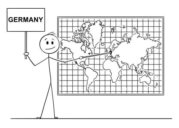 Cartoon van Man wijzend op Duitsland op de kaart van de wereld van de muur — Stockvector