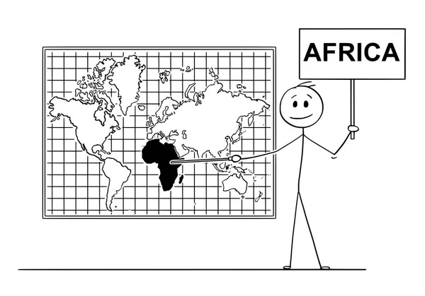 Caricature de l'homme tenant un signe et pointant du doigt sur le continent africain sur une carte du monde murale — Image vectorielle