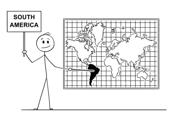 Мультфільм людина тримає знак і вказуючи на континенті Південної Америки на карті світу стіни — стоковий вектор