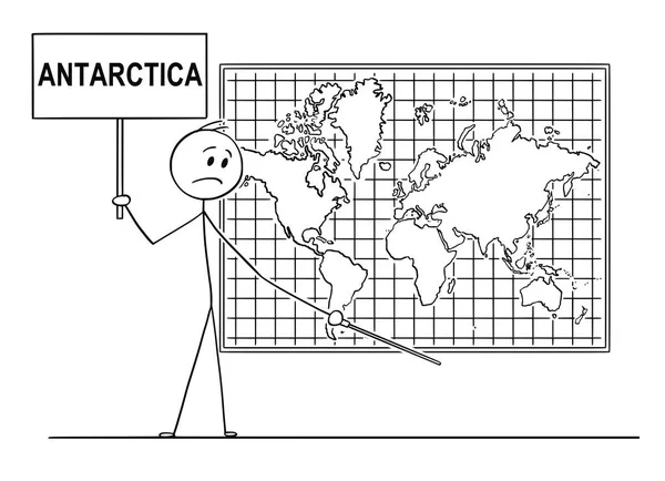 Karikatur eines Menschen, der ein Schild hält und auf die Stelle unter der Weltkarte zeigt, wo der antarktische Kontinent sein sollte — Stockvektor