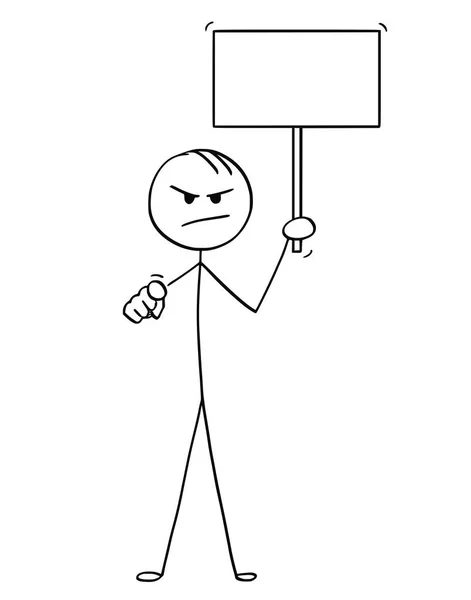 Caricatura de hombre enojado o hombre de negocios sosteniendo un signo vacío y señalando a la cámara — Archivo Imágenes Vectoriales