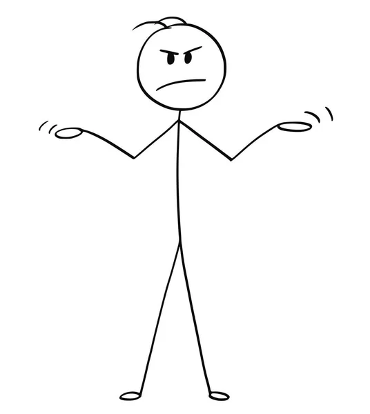 Karikatur eines wütenden Mannes oder Geschäftsmannes, der seine Arme in Unschuld oder verständnisloser Geste ausbreitet oder öffnet — Stockvektor