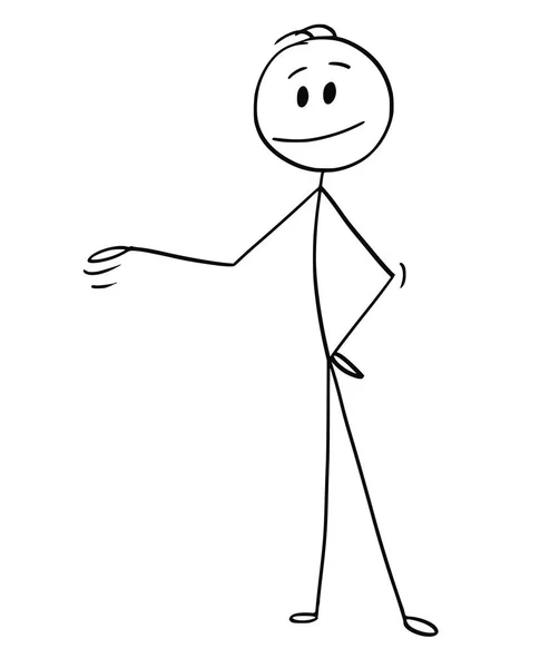 Caricatura del hombre o del hombre de negocios señalando su mano y ofreciendo algo en su lado derecho — Vector de stock