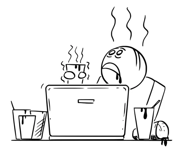 Dibujos animados de hombre cansado y sobrecargado de trabajo y cafeína sobredosis o hombre de negocios que trabajan en el ordenador portátil rodeado de tazas de café — Vector de stock