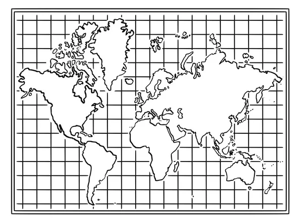 Illustrazione di disegno del fumetto della mappa del mondo in bianco e nero — Vettoriale Stock