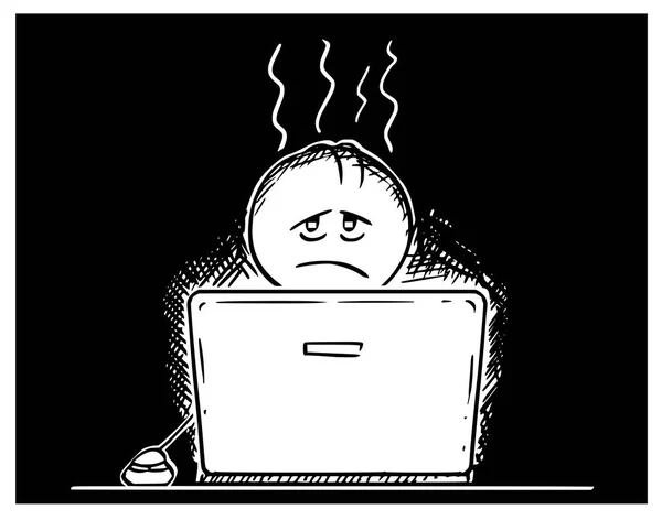 Karikatur eines müden und überarbeiteten Mannes oder Geschäftsmannes, der am Laptop arbeitet — Stockvektor