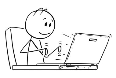 Karikatür gülümseyen adam veya çalışan ya da Laptop ya da defter bilgisayar yazmaya işadamı