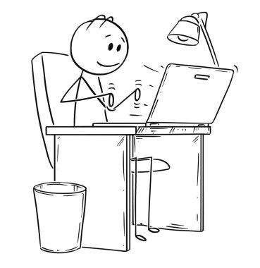 Karikatür gülümseyen adam veya çalışan ya da Laptop ya da defter bilgisayar yazmaya işadamı