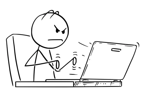 Tecknad av arga mannen eller affärsman arbetar eller att skriva på Laptop eller bärbar dator — Stock vektor