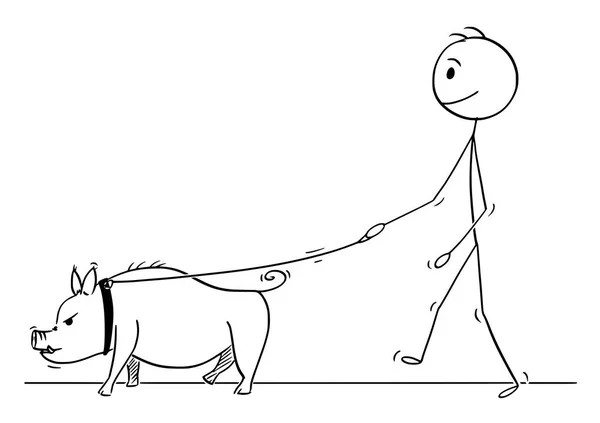 Cartoon of Man Walking With Pig on a Leash — Stock Vector
