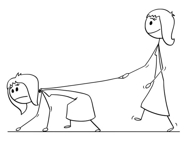 Карикатура на женщину, идущую с другой женщиной на поводке
