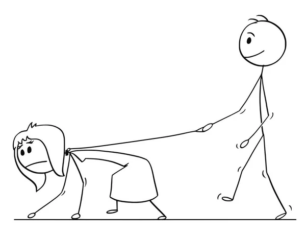 Мультфильм о мужчине, идущем с женщиной на поводке — стоковый вектор