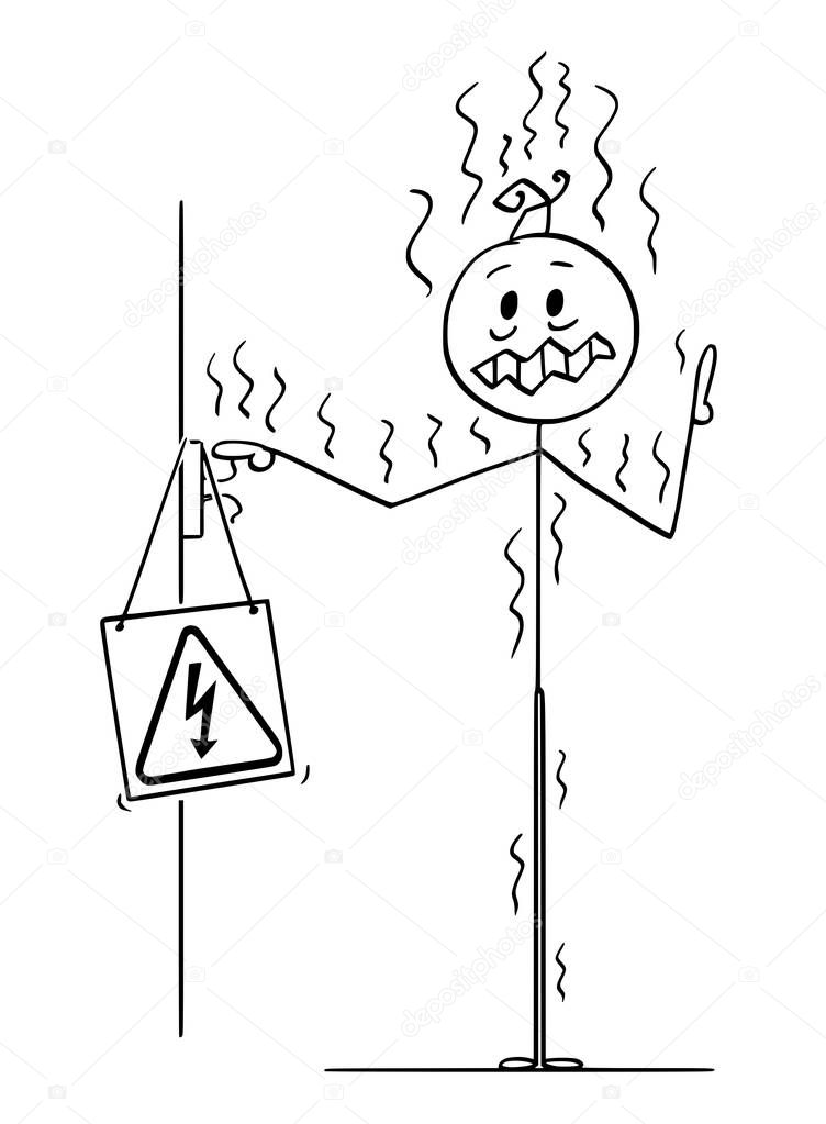 Cartoon of Man Touching Uninsulated Conductor and Got Electric Power Shock