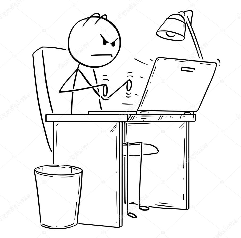 Cartoon of Angry Man or Businessman Working or Typing on Laptop or Notebook Computer