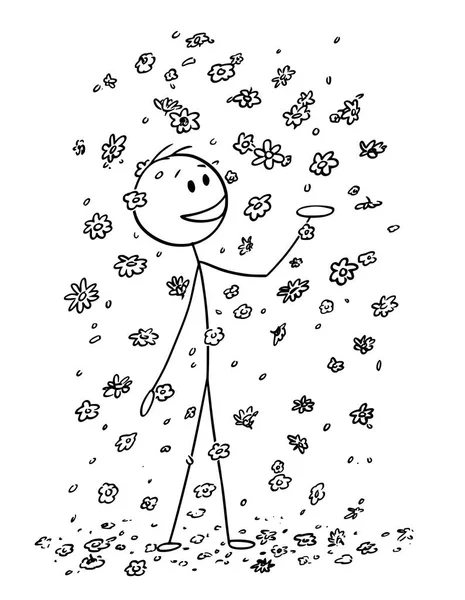 Dessin animé de Happy Man entouré de fleurs ou de fleurs tombantes — Image vectorielle