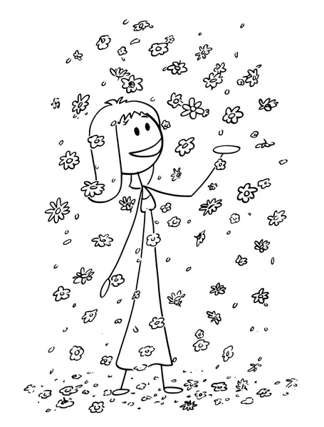 Caricature de Happy Woman entourée de fleurs ou de fleurs tombantes — Image vectorielle