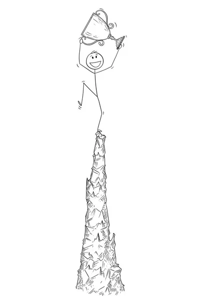 Cartoon van Man of zakenman viert het succes op de bovenkant van de Crag of met de mountainbike — Stockvector