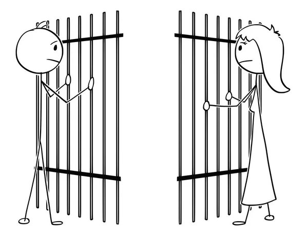 Cartoon van een paar Man en vrouw gedeeld door gevangenis Bars — Stockvector