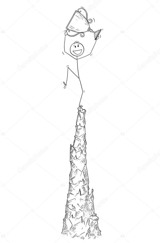 Cartoon of Man or Businessman Celebrating the Success on the Top of the Crag or Mountain