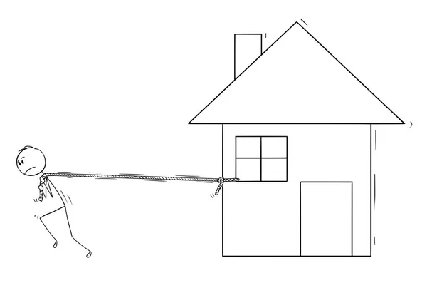 Caricature de l'homme tirant la maison comme concept de dépenses immobilières — Image vectorielle