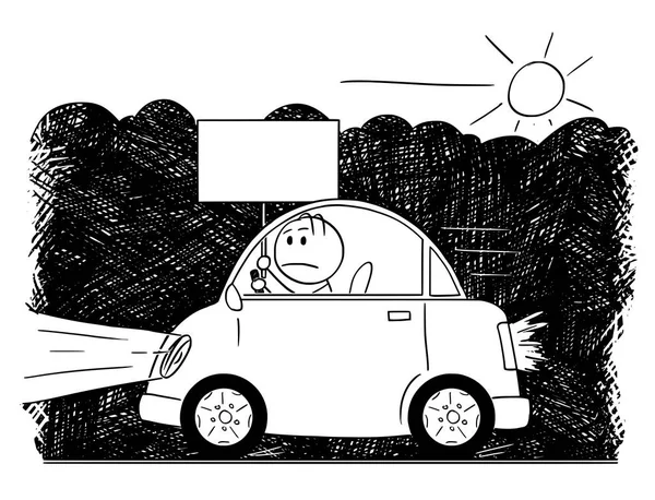 Dessin animé de voiture conduisant à travers le smog et l'homme tenant signe vide — Image vectorielle