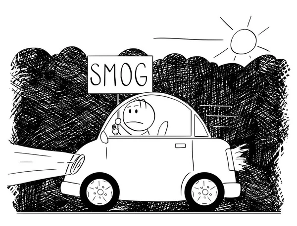 Dibujo de dibujos animados de coche conduciendo a través de Smog y el hombre sosteniendo el signo — Archivo Imágenes Vectoriales