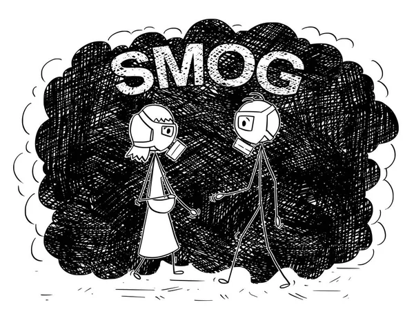 Desenhos animados de homem e mulher com máscaras de gás andando em fumaça ou ar poluído — Vetor de Stock