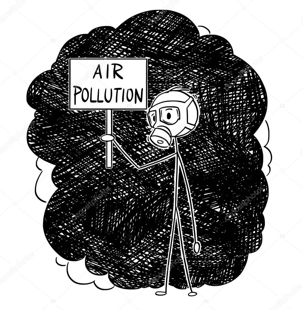 Cartoon of Man With Gas Mask Standing in Smog and Holding Air Pollution Sign