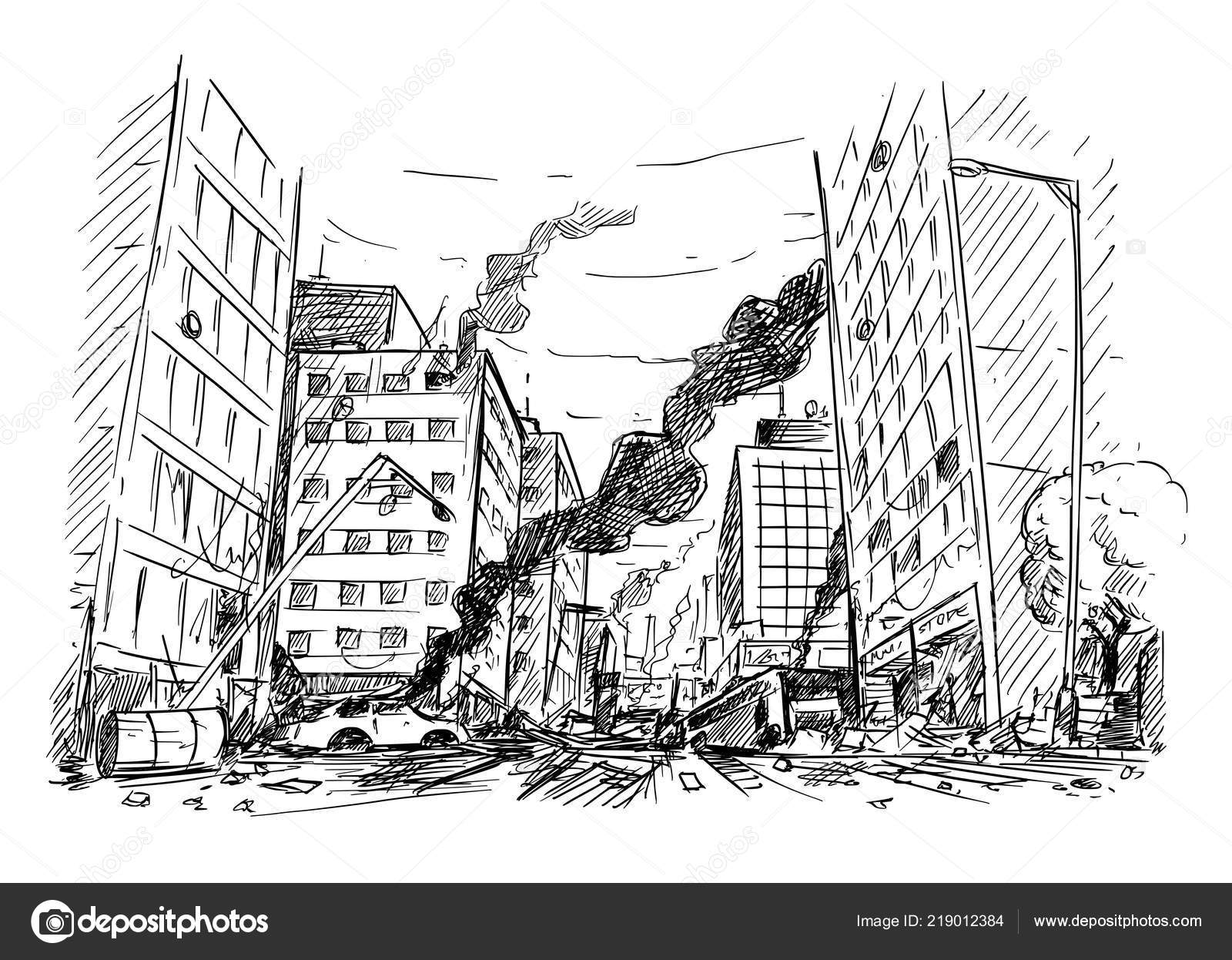 Destroyed City Drawing Hand Drawing Of City Street Destroyed By War Or Riot Or Disaster Stock Vector C Ursus Zdeneksasek Com