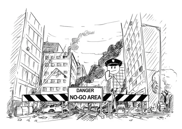 Dibujo a mano de la calle de la ciudad destruida por los disturbios, camino bloqueado por el peligro No-Go Área Sign and Policemen — Archivo Imágenes Vectoriales