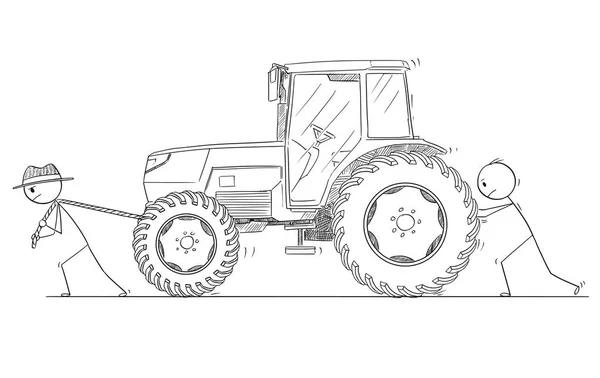 Tecknad av två män eller bönder att trycka och dra en traktor — Stock vektor